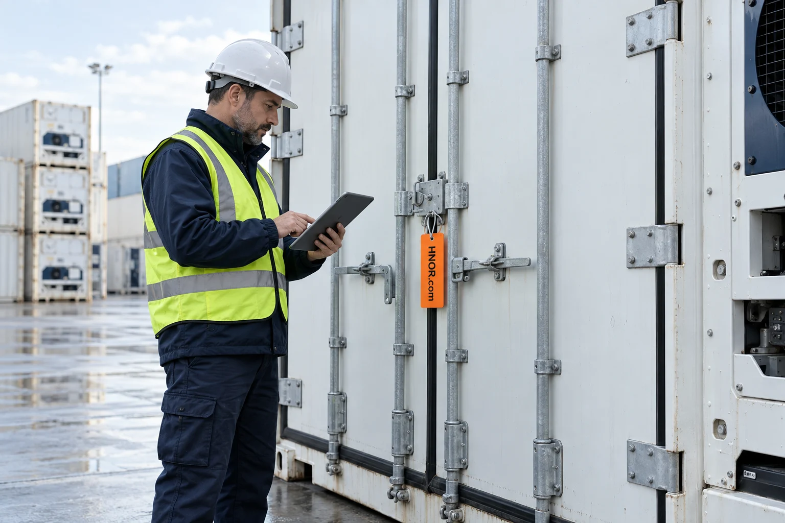 A depot inspector checks container doors bearing an HNOR.com equipment tag