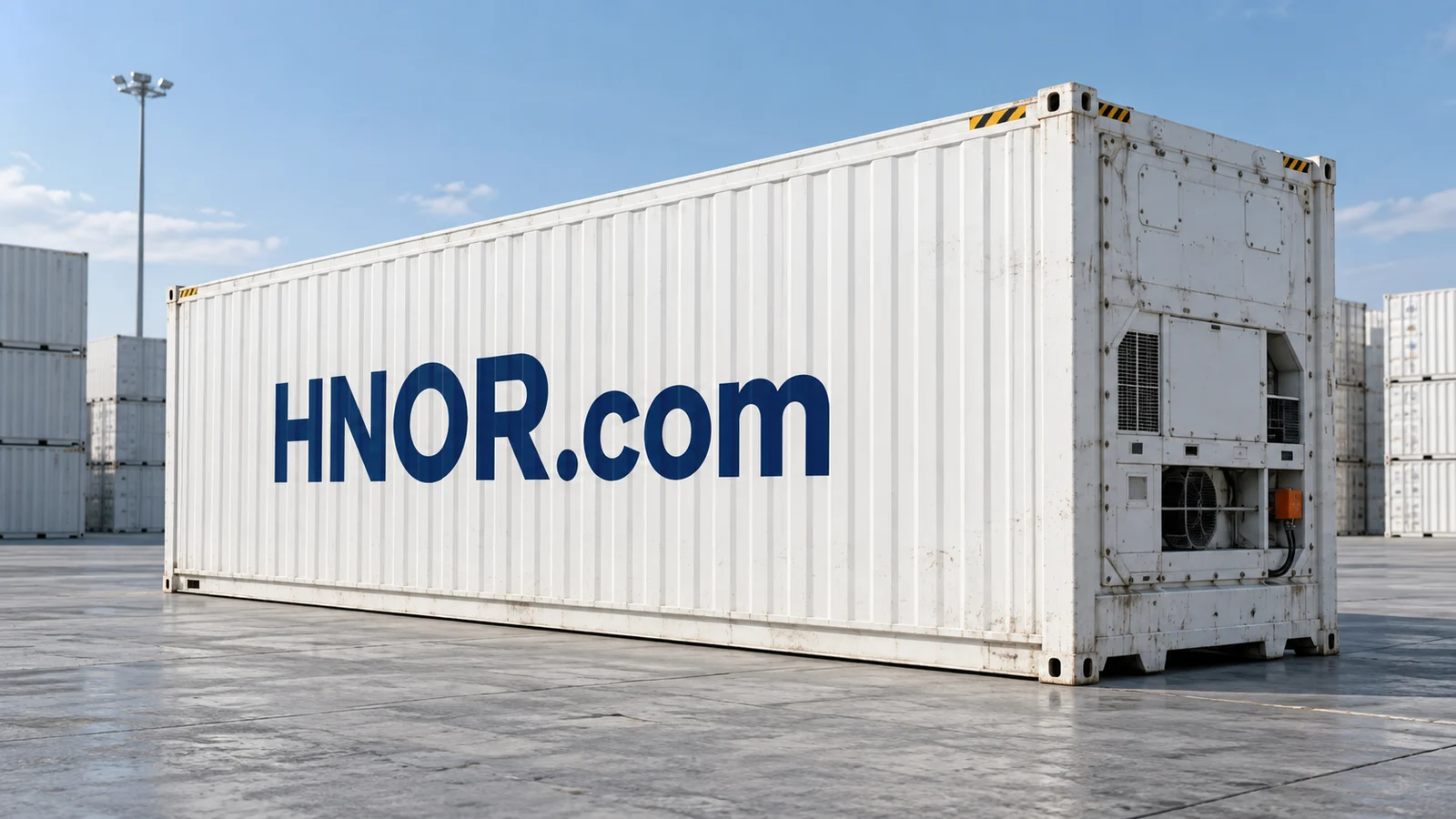 A white high-cube non-operating reefer with HNOR.com painted on its side