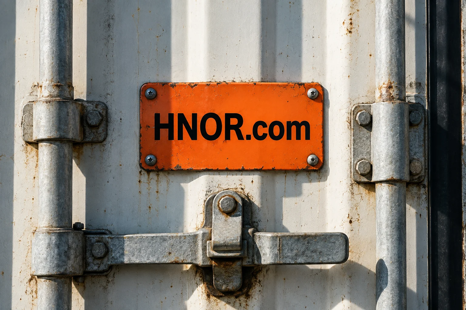 HNOR.com on an orange plate beside reefer door hardware